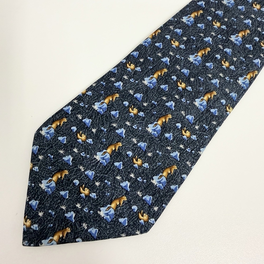 Hermes Mens Tie Groundhogs On Rocks Navy/Brown Satin Silk 7763 FA 3.5" x 56" euc - Picture 5 of 7
